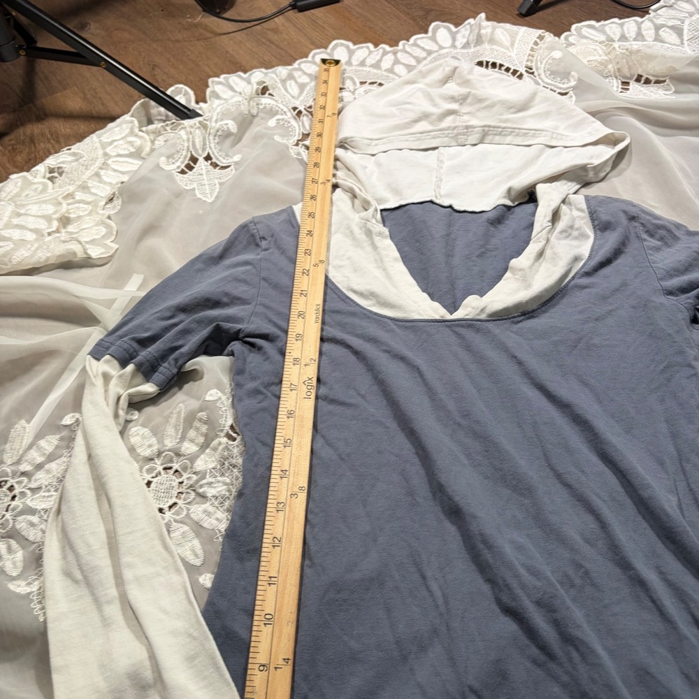 Y2K Workout Layered Look Long Sleeve Hoodie Slate Blue White V-Neck Jersey Top - Picture 3 of 5